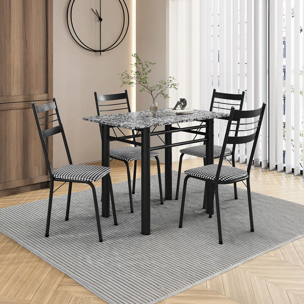 Conjunto de Mesa Retangular com Tampo de Granito e 4 Cadeiras Palma Revestimento Sintético Chanel e Preto 100 cm
