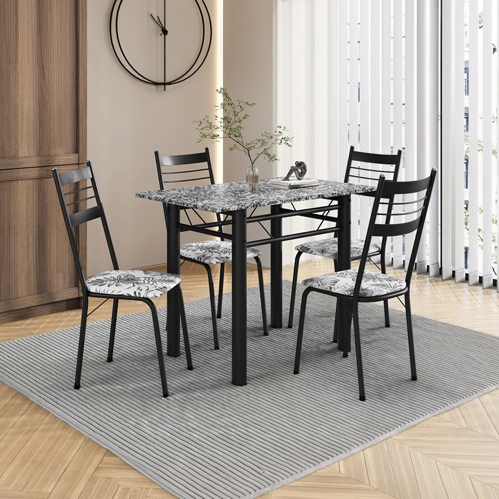 Conjunto de Mesa Retangular com Tampo de Granito e 4 Cadeiras Palma Revestimento Sintético Floral Cinza e Preto 100 cm