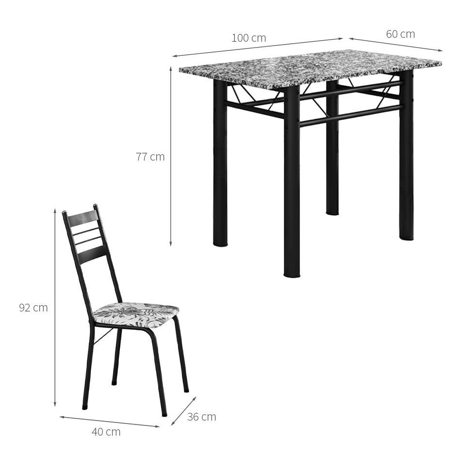 Conjunto de Mesa Retangular com Tampo de Granito e 4 Cadeiras Palma Revestimento Sintético Floral Cinza e Preto 100 cm