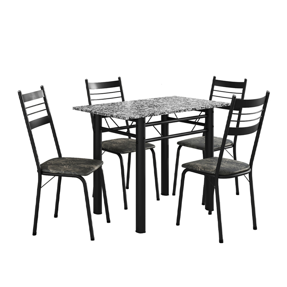 Conjunto de Mesa Retangular com Tampo de Granito e 4 Cadeiras Palma Revestimento Sintético Floral Dourado e Preto 100 cm