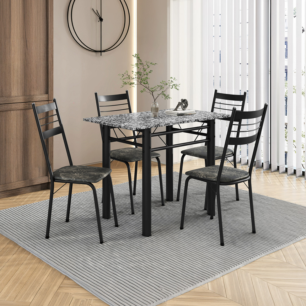 Conjunto de Mesa Retangular com Tampo de Granito e 4 Cadeiras Palma Revestimento Sintético Floral Dourado e Preto 100 cm