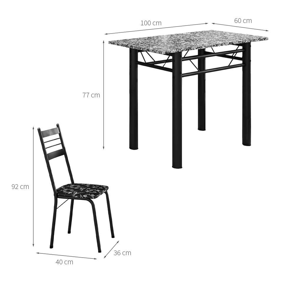 Conjunto de Mesa Retangular com Tampo de Granito e 4 Cadeiras Palma Revestimento Sintético Floral e Preto 100 cm