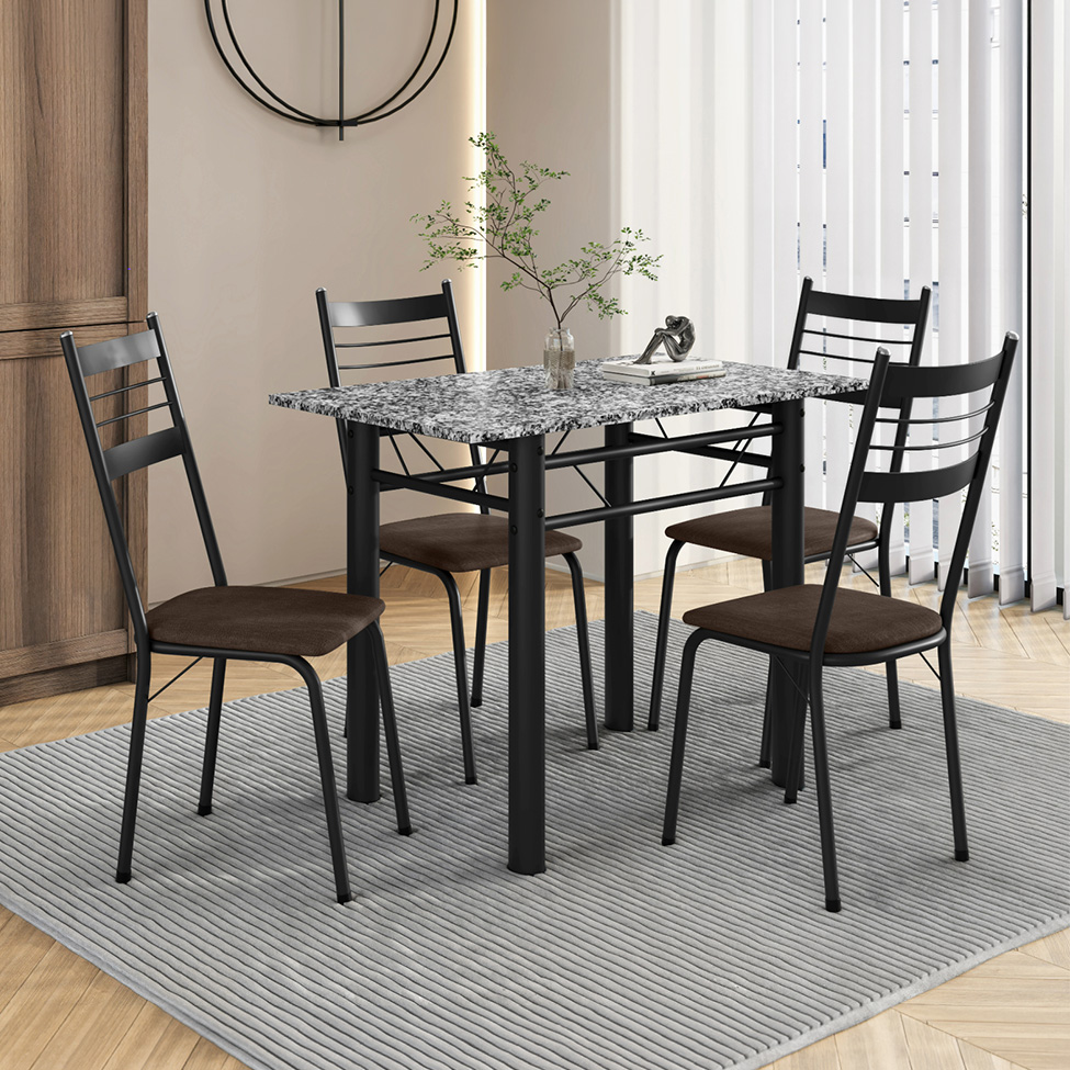 Conjunto de Mesa Retangular com Tampo de Granito e 4 Cadeiras Palma Revestimento Sintético Imbuia e Preto 100 cm