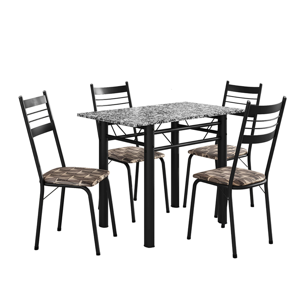 Conjunto de Mesa Retangular com Tampo de Granito e 4 Cadeiras Palma Revestimento Sintético Mosaico Palha e Preto 100 cm