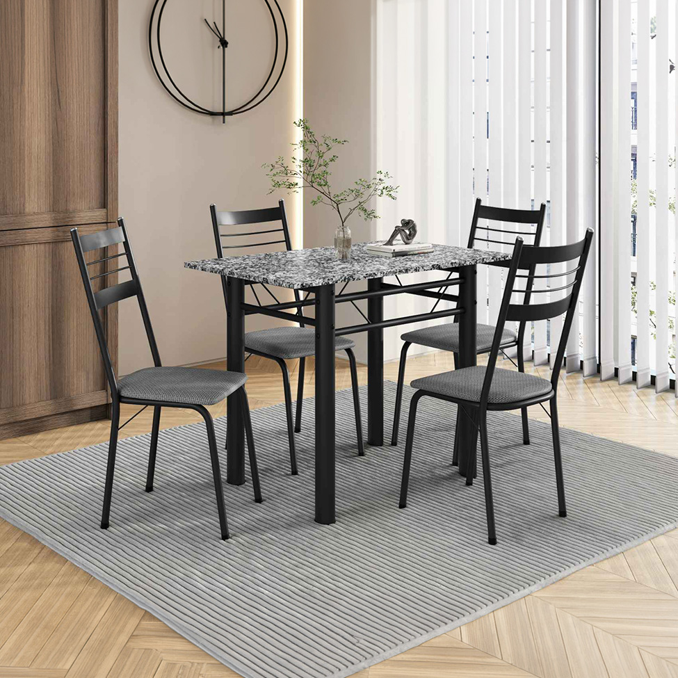 Conjunto de Mesa Retangular com Tampo de Granito e 4 Cadeiras Palma Revestimento Sintético Platina e Preto 100 cm