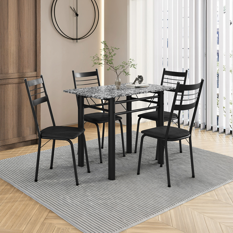 Conjunto de Mesa Retangular com Tampo de Granito e 4 Cadeiras Palma Revestimento Sintético Preto 100 cm