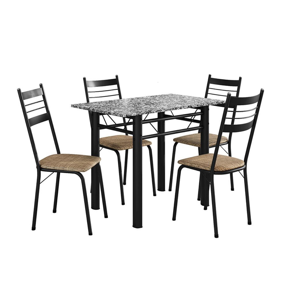 Conjunto de Mesa Retangular com Tampo de Granito e 4 Cadeiras Palma Revestimento Sintético Rattan e Preto 100 cm