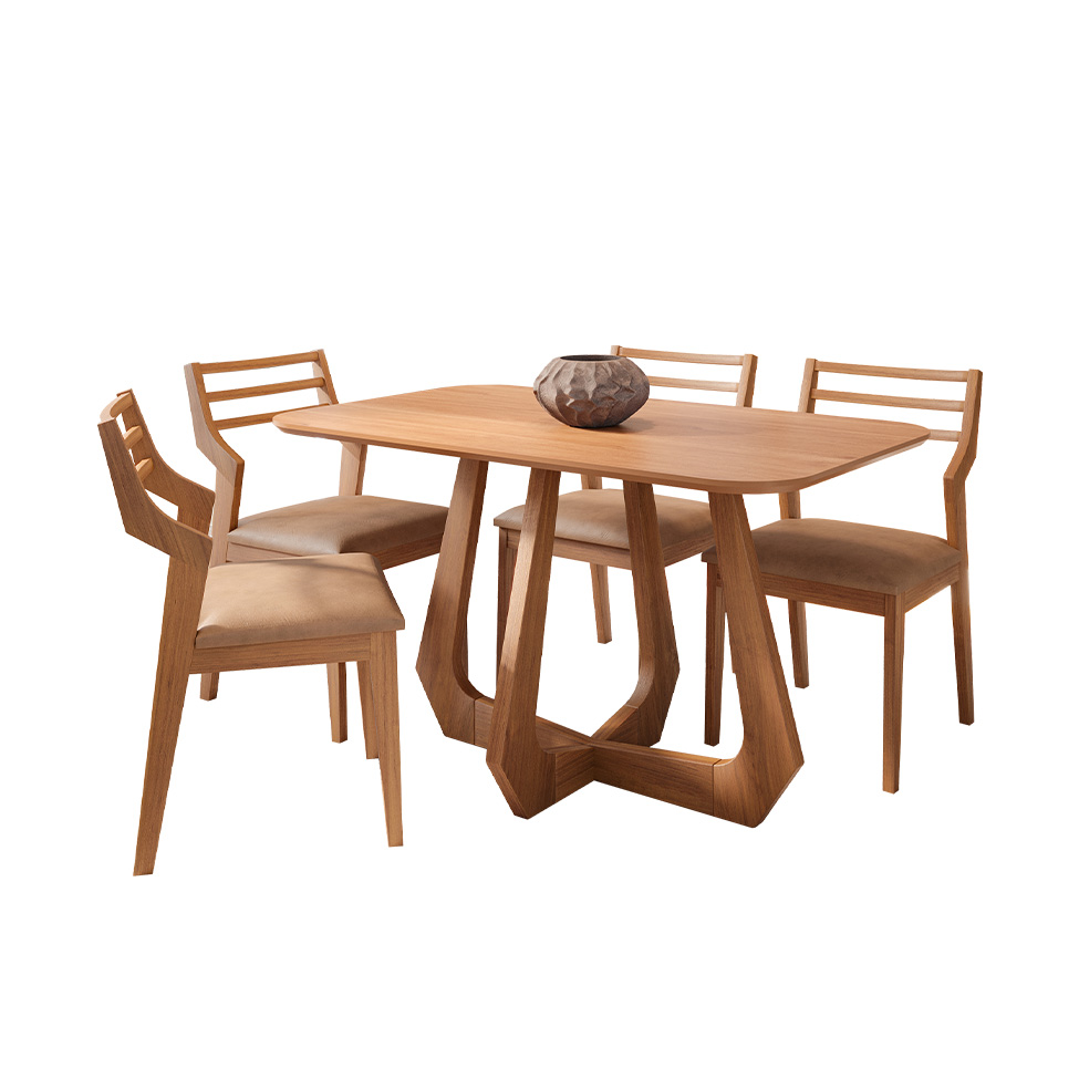 Conjunto de Mesa Retangular com Tampo de MDF Bromélia e 4 Cadeiras Damasco Revestimento Sintético Kaki e Cinamomo 130 cm