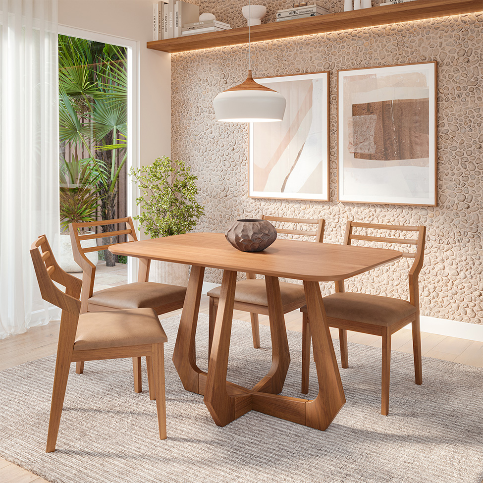 Conjunto de Mesa Retangular com Tampo de MDF Bromélia e 4 Cadeiras Damasco Revestimento Sintético Kaki e Cinamomo 130 cm