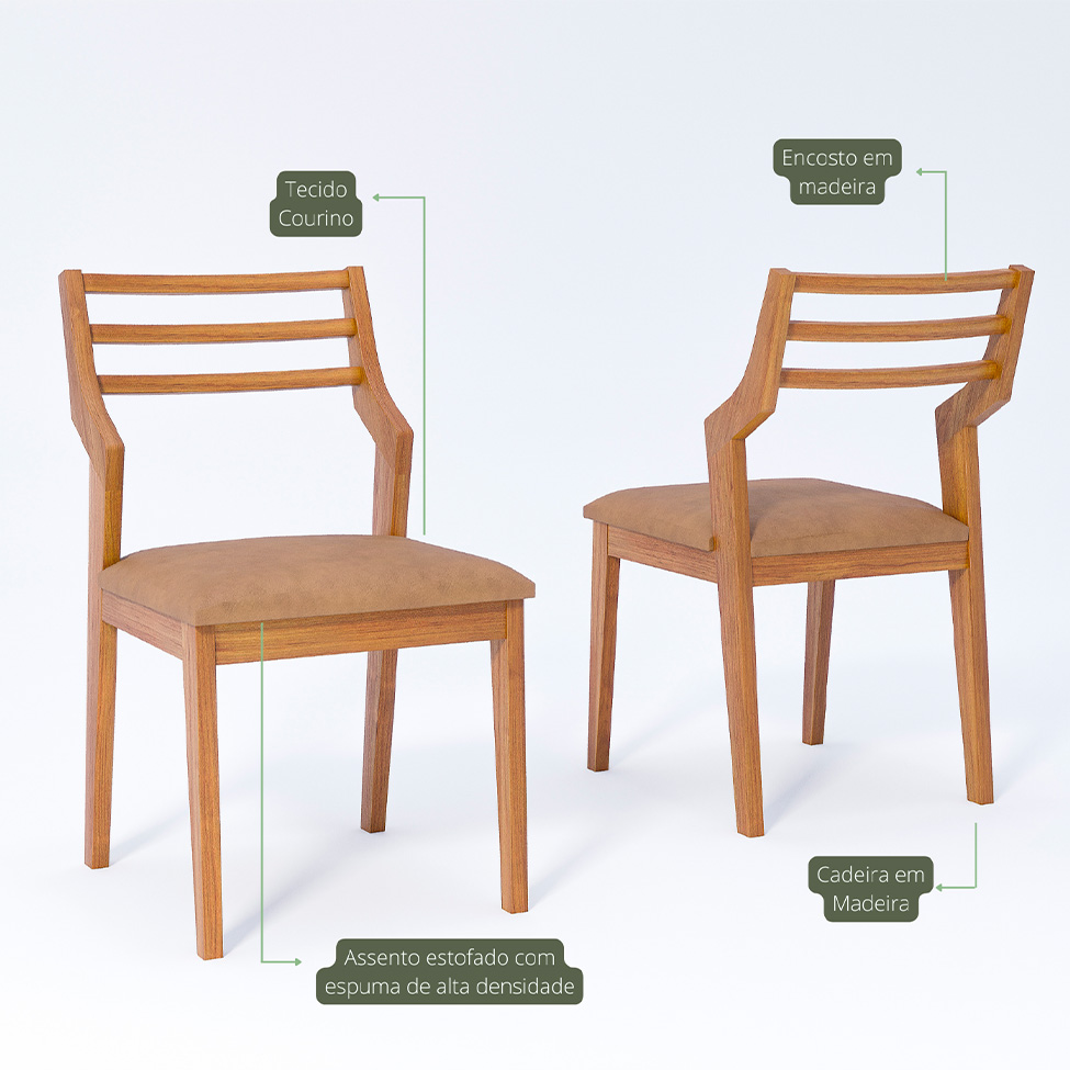 Conjunto de Mesa Retangular com Tampo de MDF Bromélia e 4 Cadeiras Damasco Revestimento Sintético Kaki e Cinamomo 130 cm