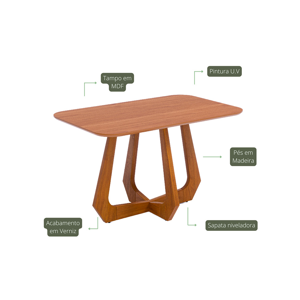 Conjunto de Mesa Retangular com Tampo de MDF Bromélia e 4 Cadeiras Damasco Revestimento Sintético Kaki e Cinamomo 130 cm