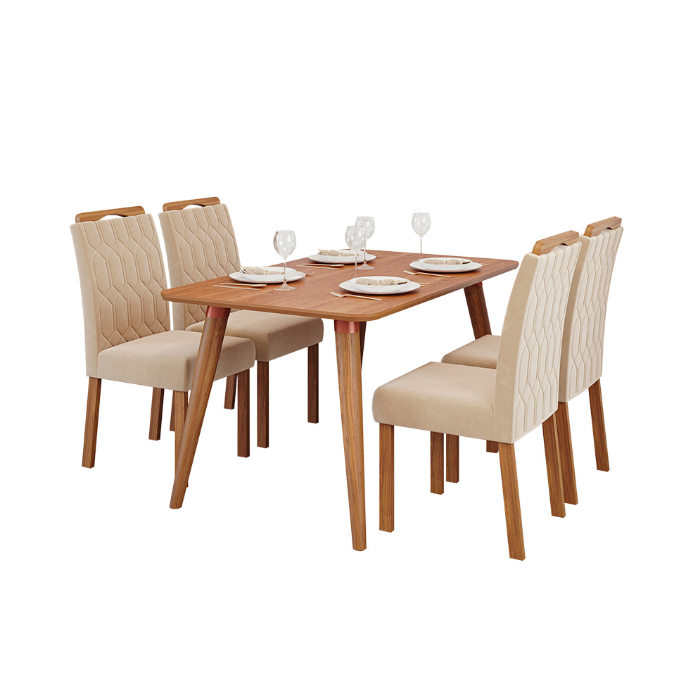 Conjunto de Mesa Retangular com Tampo de MDF Cinamomo Adele e 4 Cadeiras Paola Suede Nude e Madeira