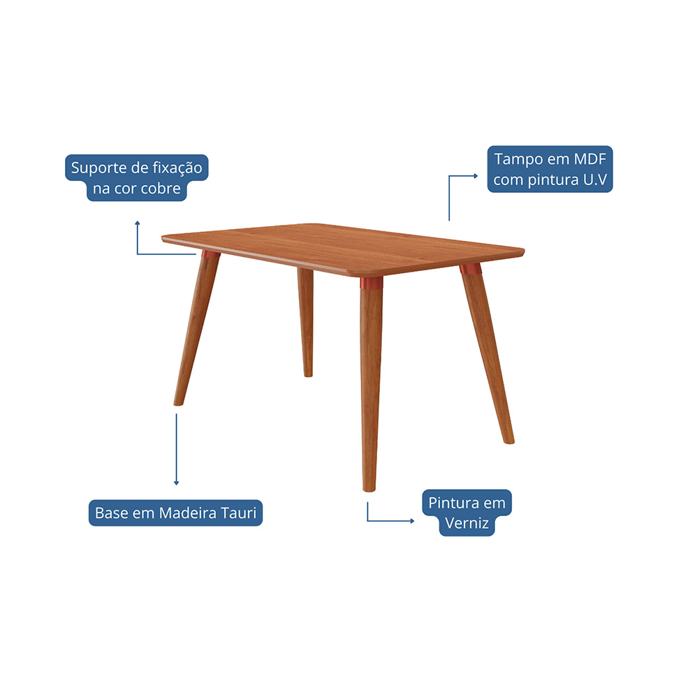 Conjunto de Mesa Retangular com Tampo de MDF Cinamomo Adele e 4 Cadeiras Paola Suede Nude e Madeira