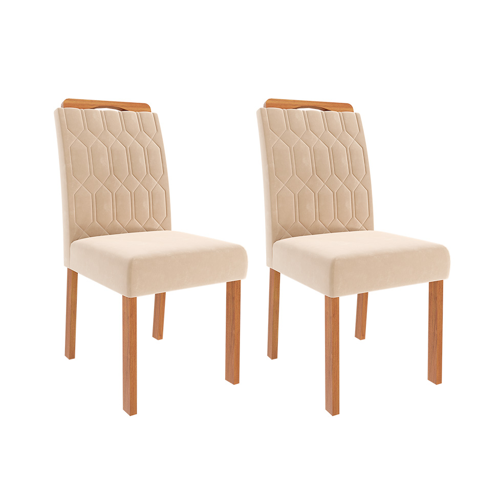 Conjunto de Mesa Retangular com Tampo de MDF Cinamomo Adele e 4 Cadeiras Paola Suede Nude e Madeira