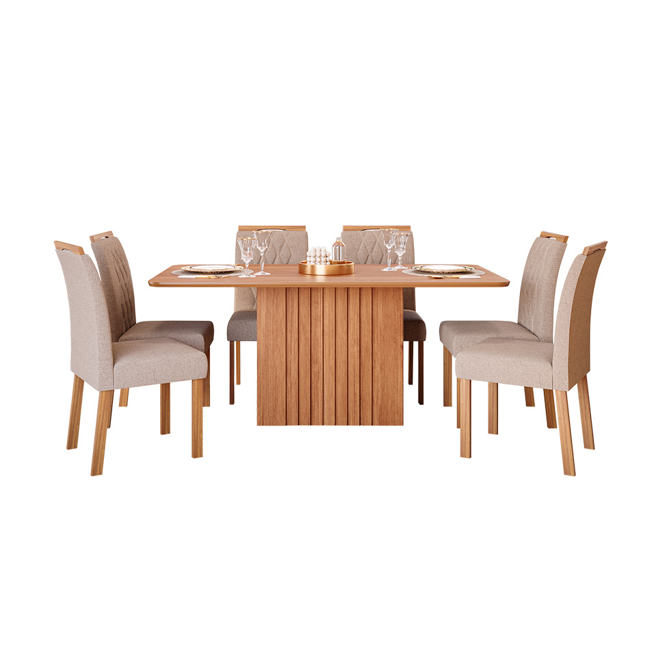 Conjunto de Mesa Retangular com Tampo de MDF Cinamomo Ana e 6 Cadeiras Juliana Linho Bege e Madeira