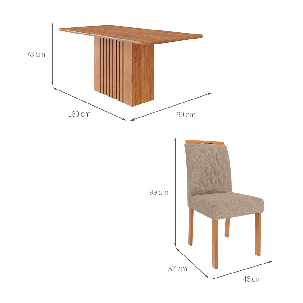 Conjunto de Mesa Retangular com Tampo de MDF Cinamomo Ana e 6 Cadeiras Juliana Linho Bege e Madeira