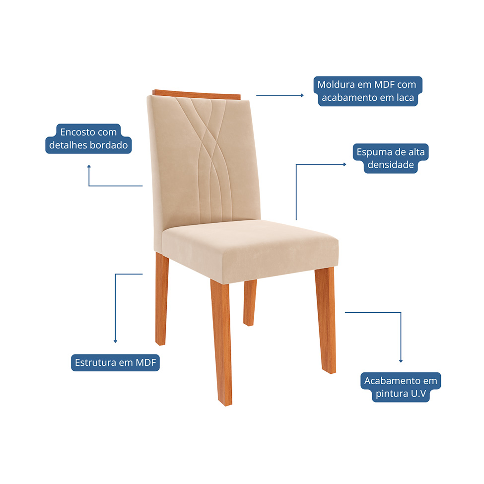 Conjunto de Mesa Retangular com Tampo de MDF Cinamomo Ariela e 4 Cadeiras Nicole Suede Bege