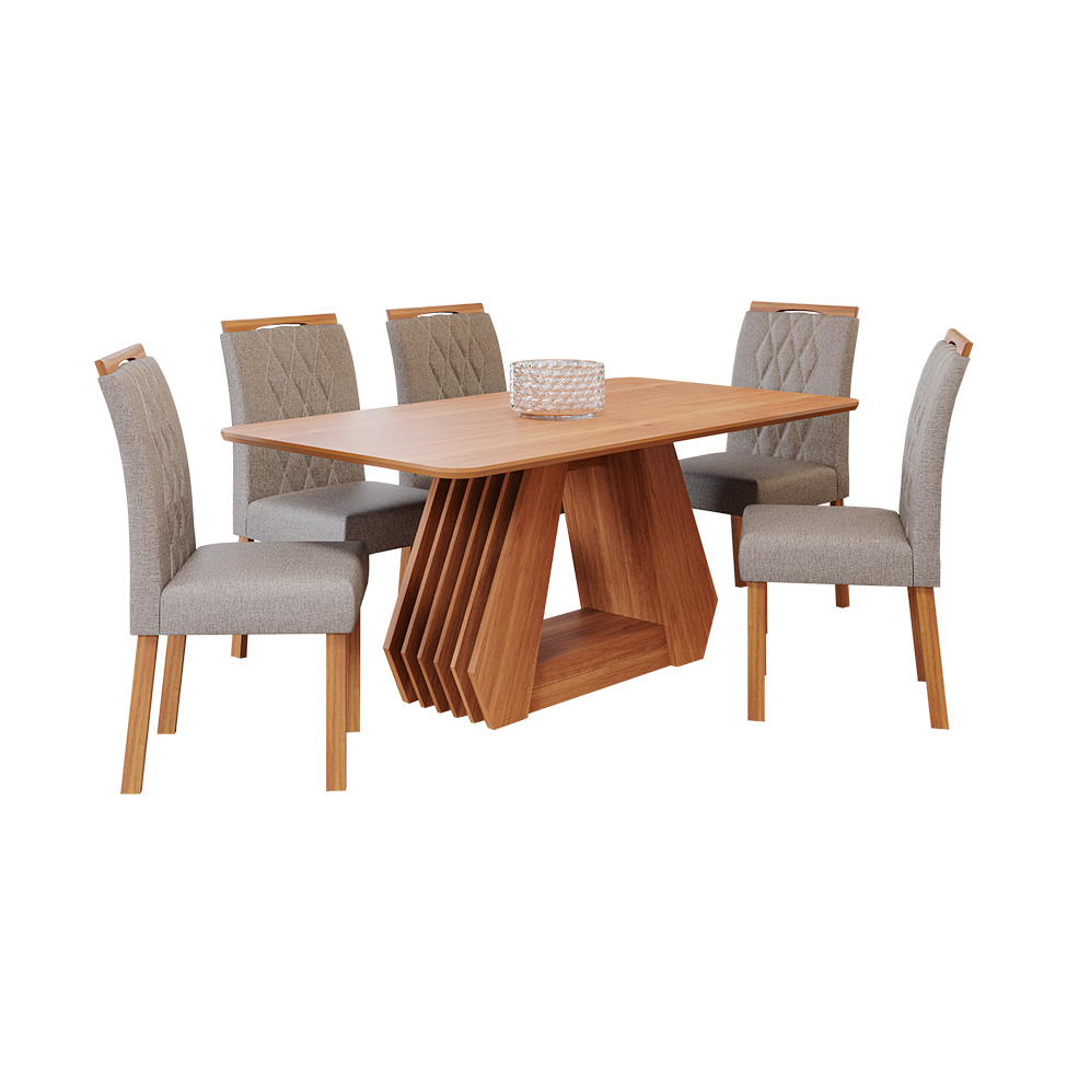 Conjunto de Mesa Retangular com Tampo de MDF Cinamomo Ágata e 6 Cadeiras Juliana Linho Grafite e Madeira