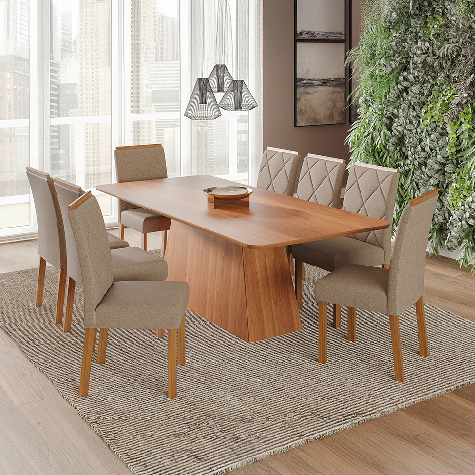 Conjunto de Mesa Retangular com Tampo de MDF Cinamomo Helena e 8 Cadeiras Fernanda Linho Bege e Madeira
