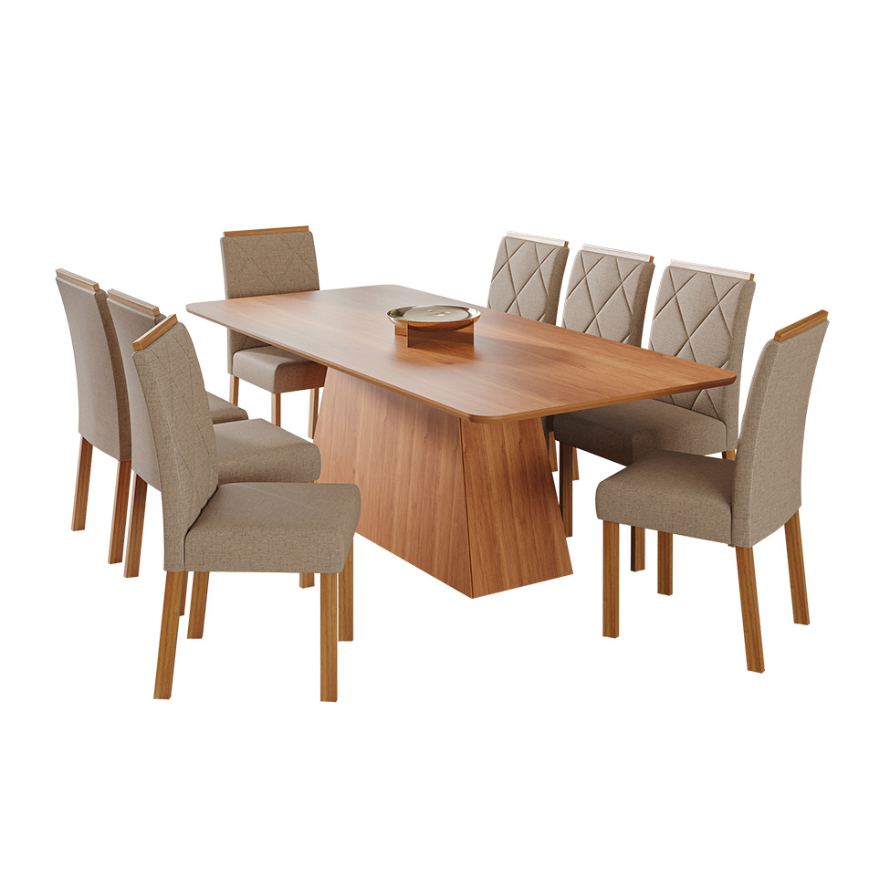 Conjunto de Mesa Retangular com Tampo de MDF Cinamomo Helena e 8 Cadeiras Fernanda Linho Bege e Madeira