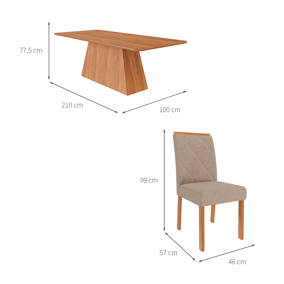 Conjunto de Mesa Retangular com Tampo de MDF Cinamomo Helena e 8 Cadeiras Fernanda Linho Bege e Madeira