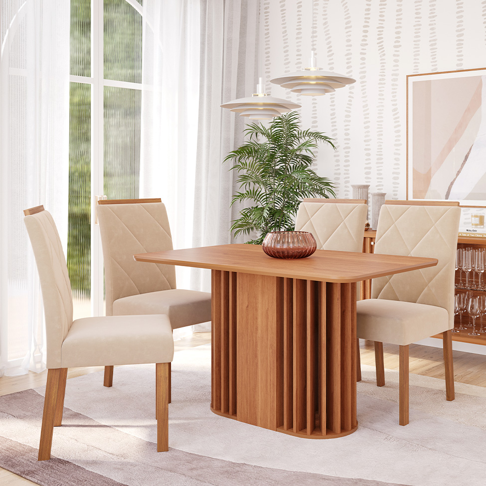 Conjunto de Mesa Retangular com Tampo de MDF Cinamomo Julieta e 4 Cadeiras Fernanda Suede Nude e Madeira