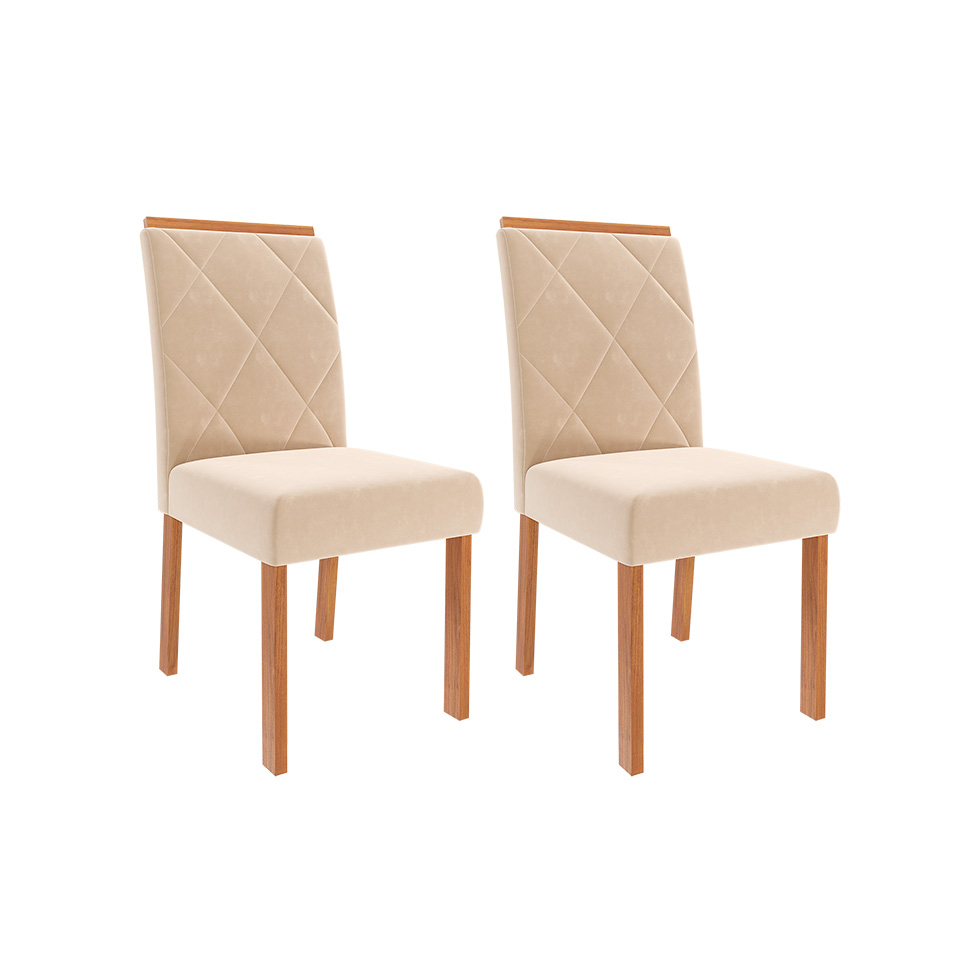 Conjunto de Mesa Retangular com Tampo de MDF Cinamomo Julieta e 4 Cadeiras Fernanda Suede Nude e Madeira