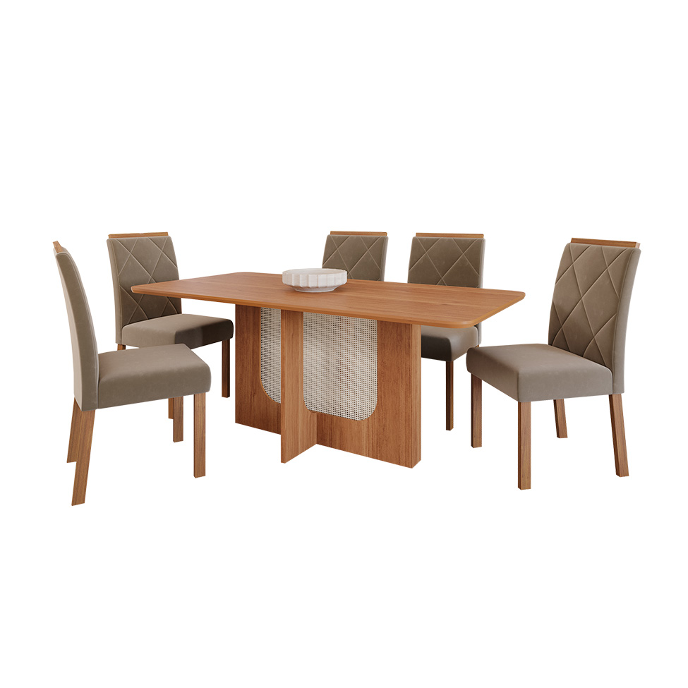 Conjunto de Mesa Retangular com Tampo de MDF Cinamomo Louise e 6 Cadeiras Fernanda Suede Joli e Madeira