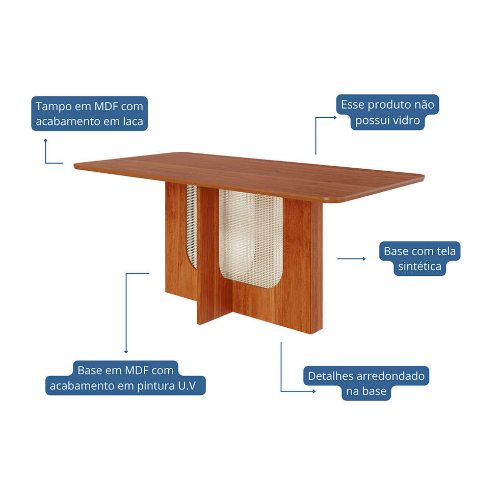 Conjunto de Mesa Retangular com Tampo de MDF Cinamomo Louise e 6 Cadeiras Fernanda Suede Joli e Madeira
