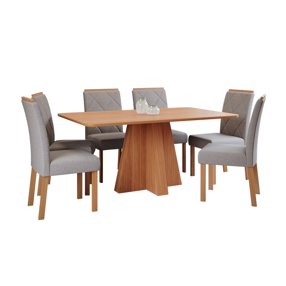 Conjunto de Mesa Retangular com Tampo de MDF Cinamomo Maitê e 6 Cadeiras Fernanda Linho Grafite e Madeira