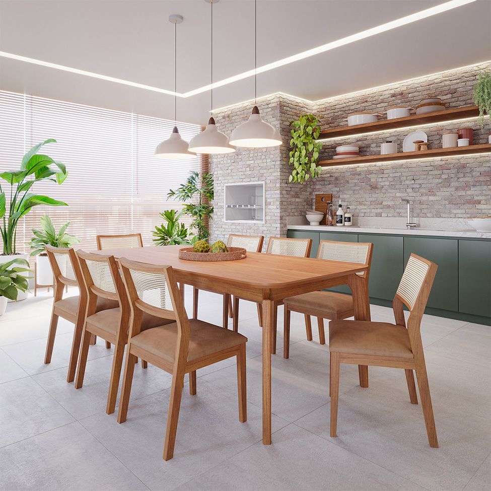 Conjunto de Mesa Retangular com Tampo de MDF Ficus e 8 Cadeiras Bella Revestimento Sintético Kaki e Cinamomo 210 cm