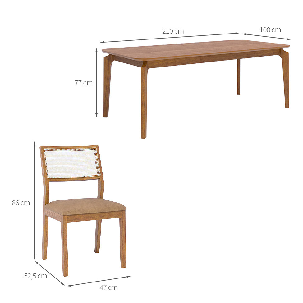 Conjunto de Mesa Retangular com Tampo de MDF Ficus e 8 Cadeiras Bella Revestimento Sintético Kaki e Cinamomo 210 cm