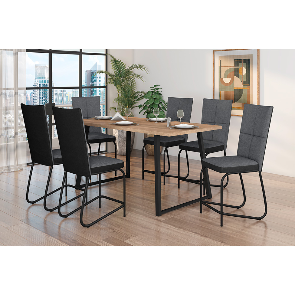 Conjunto de Mesa Retangular com Tampo de MDP Amadeirado Atlanta e 6 Cadeiras Mônaco Revestimento Sintético Cinza e Preto