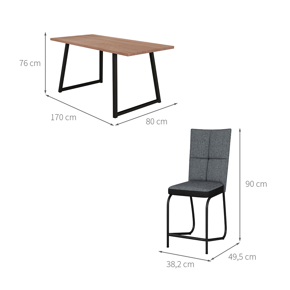 Conjunto de Mesa Retangular com Tampo de MDP Amadeirado Atlanta e 6 Cadeiras Mônaco Revestimento Sintético Cinza e Preto