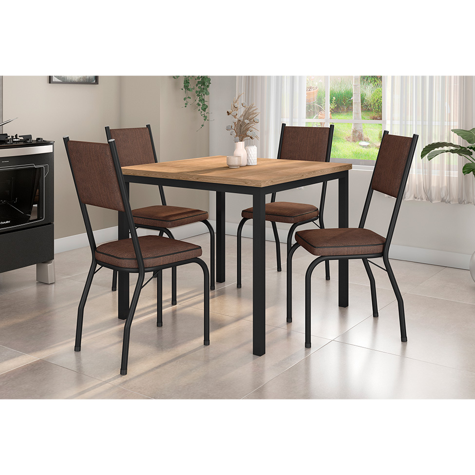 Conjunto de Mesa Retangular com Tampo de MDP Amadeirado e 4 Cadeiras Adriana II Revestimento Sintético Imbuia e Preto