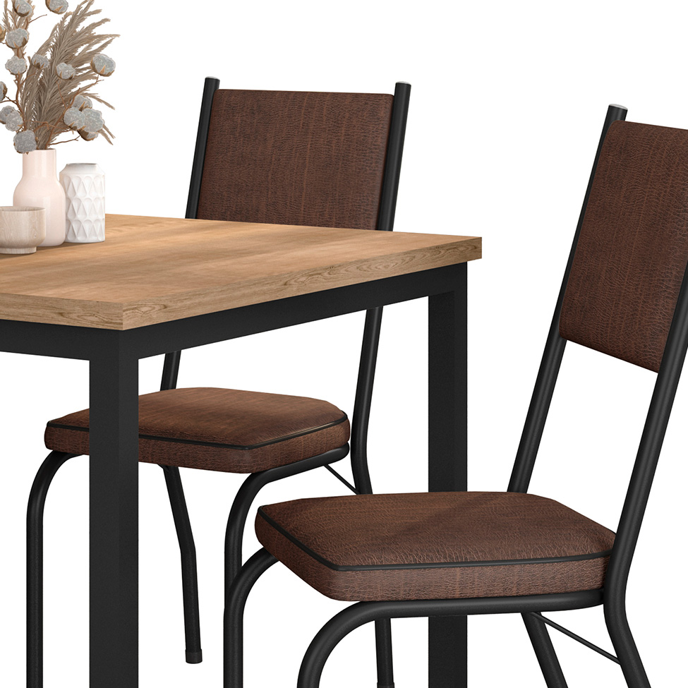 Conjunto de Mesa Retangular com Tampo de MDP Amadeirado e 4 Cadeiras Adriana II Revestimento Sintético Imbuia e Preto