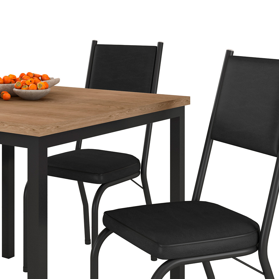 Conjunto de Mesa Retangular com Tampo de MDP Amadeirado e 4 Cadeiras Adriana II Revestimento Sintético Preto