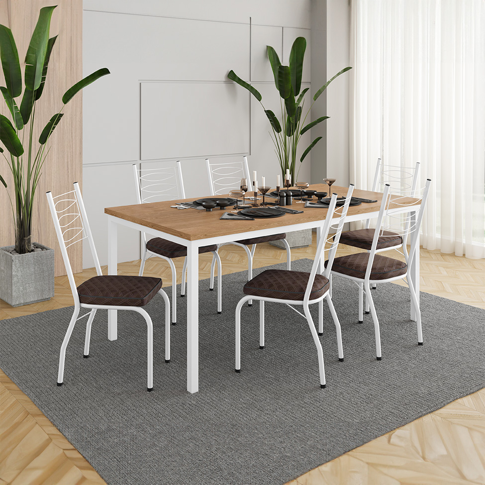Conjunto de Mesa Retangular com Tampo de MDP Amadeirado e 6 Cadeiras Adriana I Revestimento Sintético Cacau e Branco