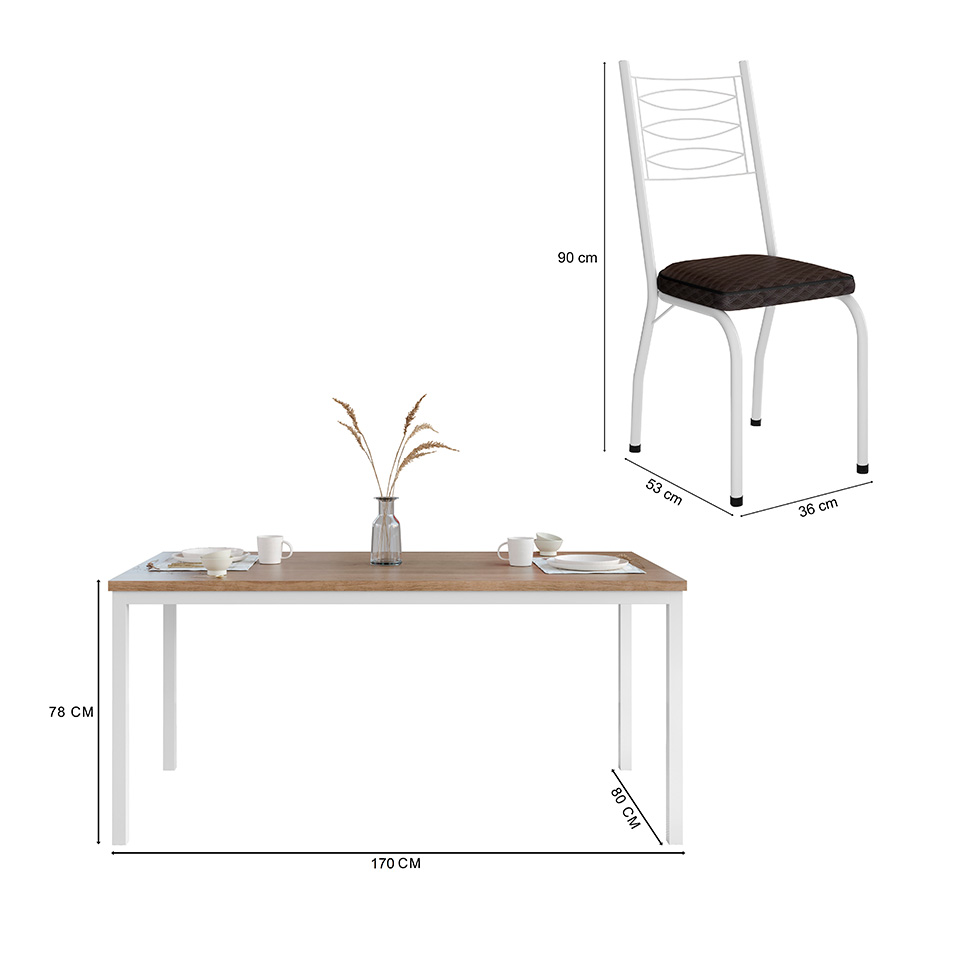 Conjunto de Mesa Retangular com Tampo de MDP Amadeirado e 6 Cadeiras Adriana I Revestimento Sintético Cacau e Branco