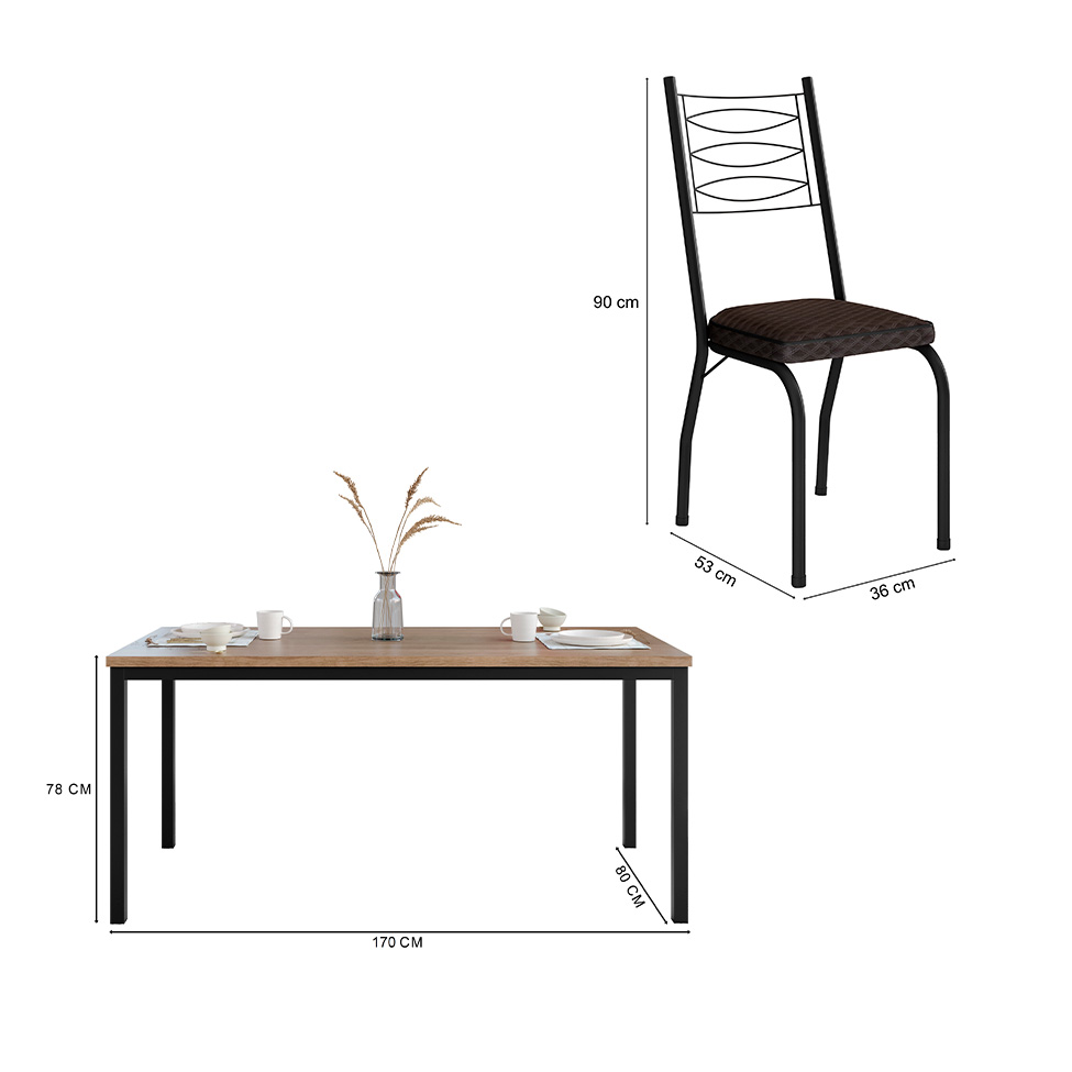 Conjunto de Mesa Retangular com Tampo de MDP Amadeirado e 6 Cadeiras Adriana I Revestimento Sintético Cacau e Preto
