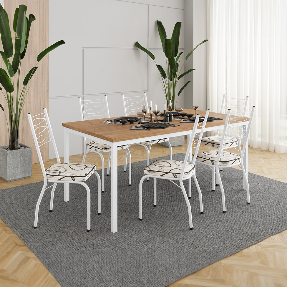 Conjunto de Mesa Retangular com Tampo de MDP Amadeirado e 6 Cadeiras Adriana I Revestimento Sintético Cedro e Branco