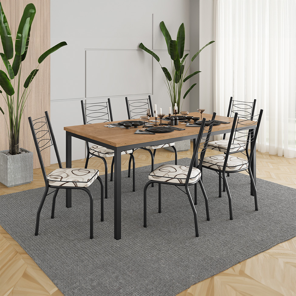 Conjunto de Mesa Retangular com Tampo de MDP Amadeirado e 6 Cadeiras Adriana I Revestimento Sintético Cedro e Preto