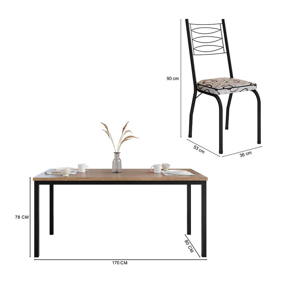 Conjunto de Mesa Retangular com Tampo de MDP Amadeirado e 6 Cadeiras Adriana I Revestimento Sintético Cedro e Preto