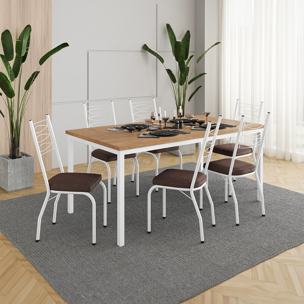 Conjunto de Mesa Retangular com Tampo de MDP Amadeirado e 6 Cadeiras Adriana I Revestimento Sintético Imbuia e Branco
