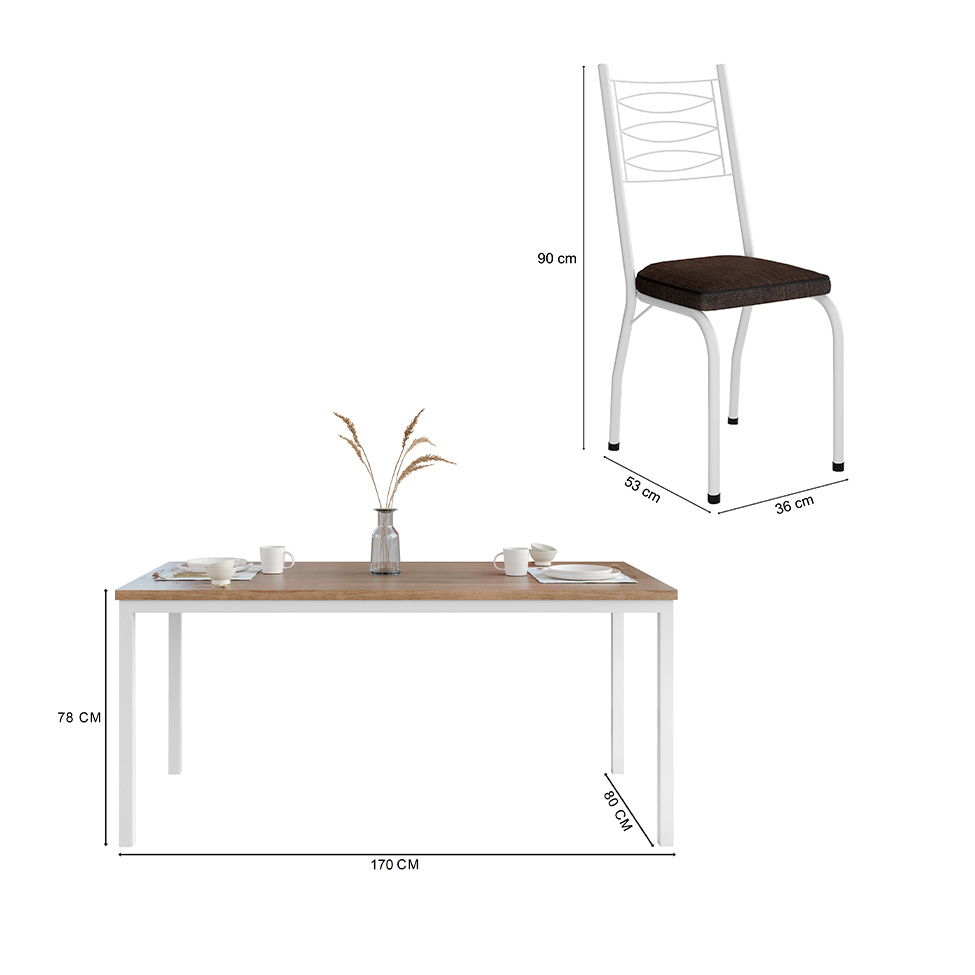 Conjunto de Mesa Retangular com Tampo de MDP Amadeirado e 6 Cadeiras Adriana I Revestimento Sintético Imbuia e Branco