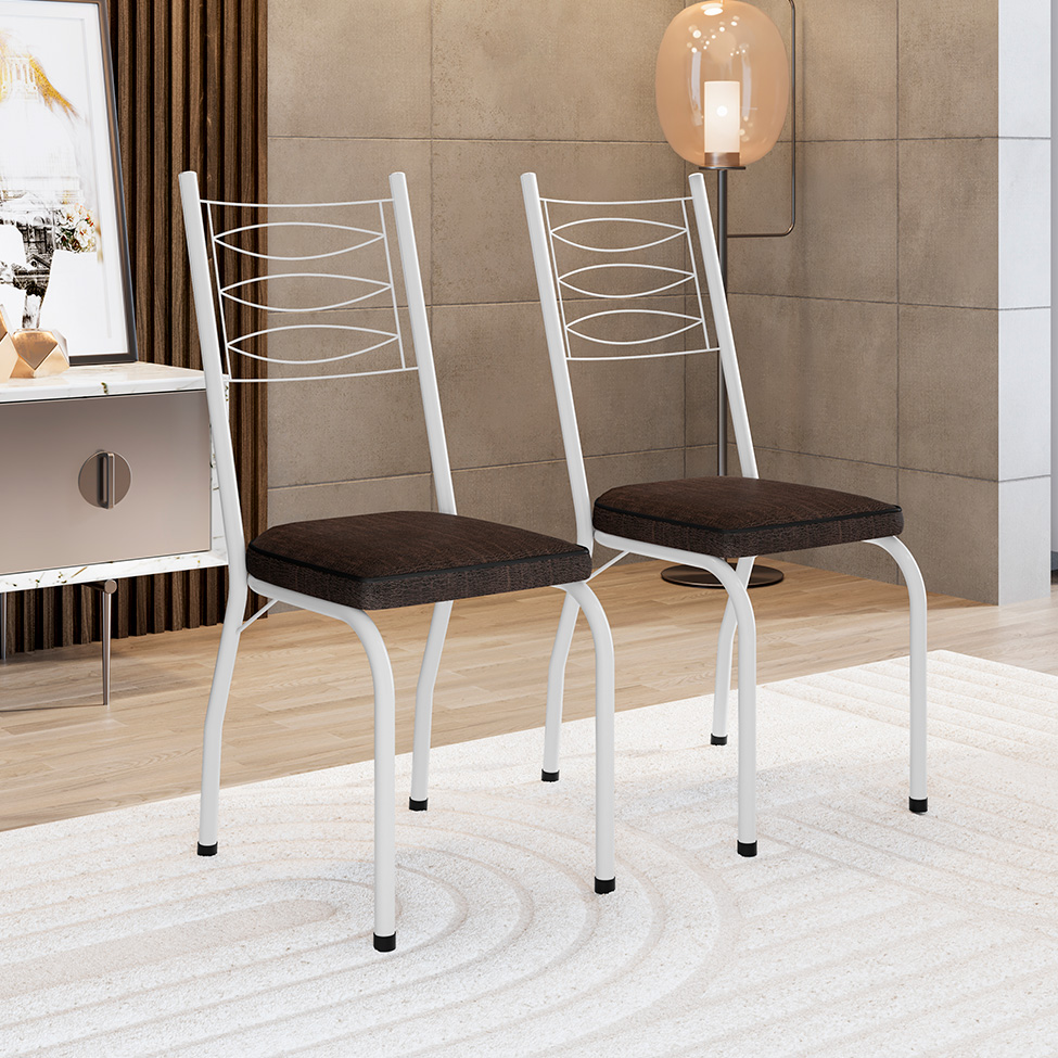 Conjunto de Mesa Retangular com Tampo de MDP Amadeirado e 6 Cadeiras Adriana I Revestimento Sintético Imbuia e Branco