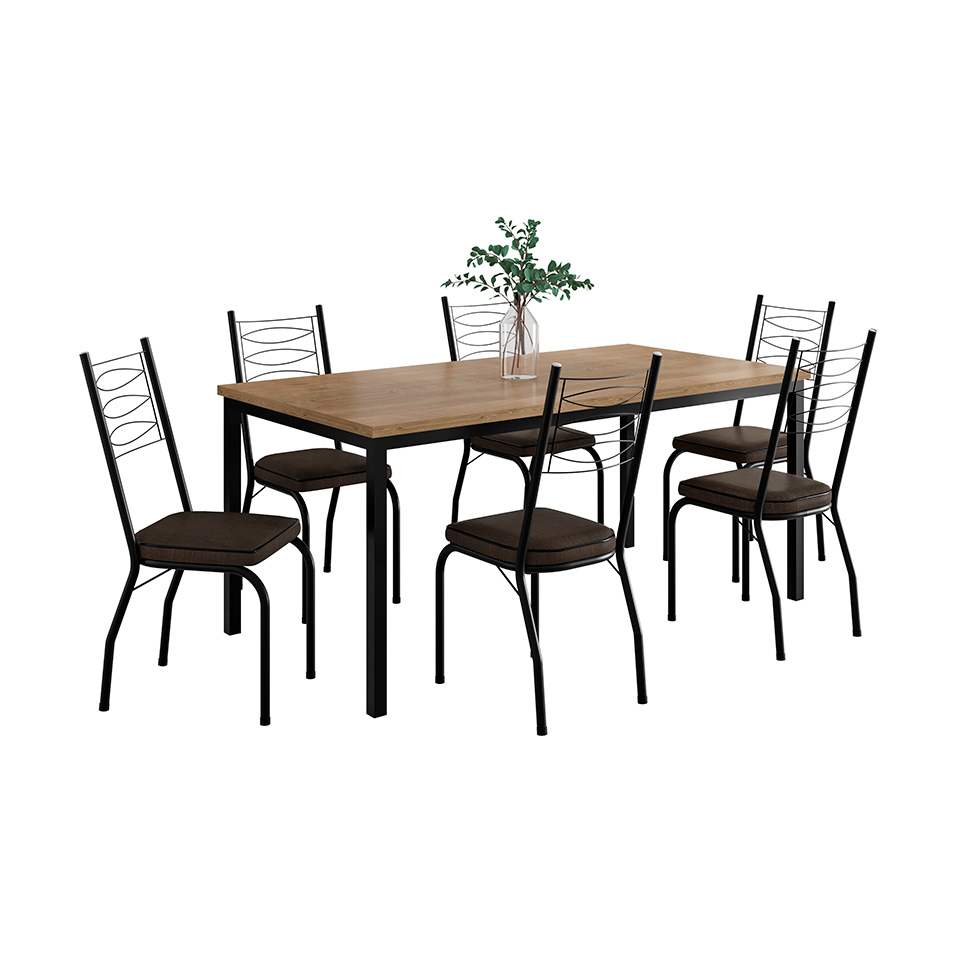 Conjunto de Mesa Retangular com Tampo de MDP Amadeirado e 6 Cadeiras Adriana I Revestimento Sintético Imbuia e Preto