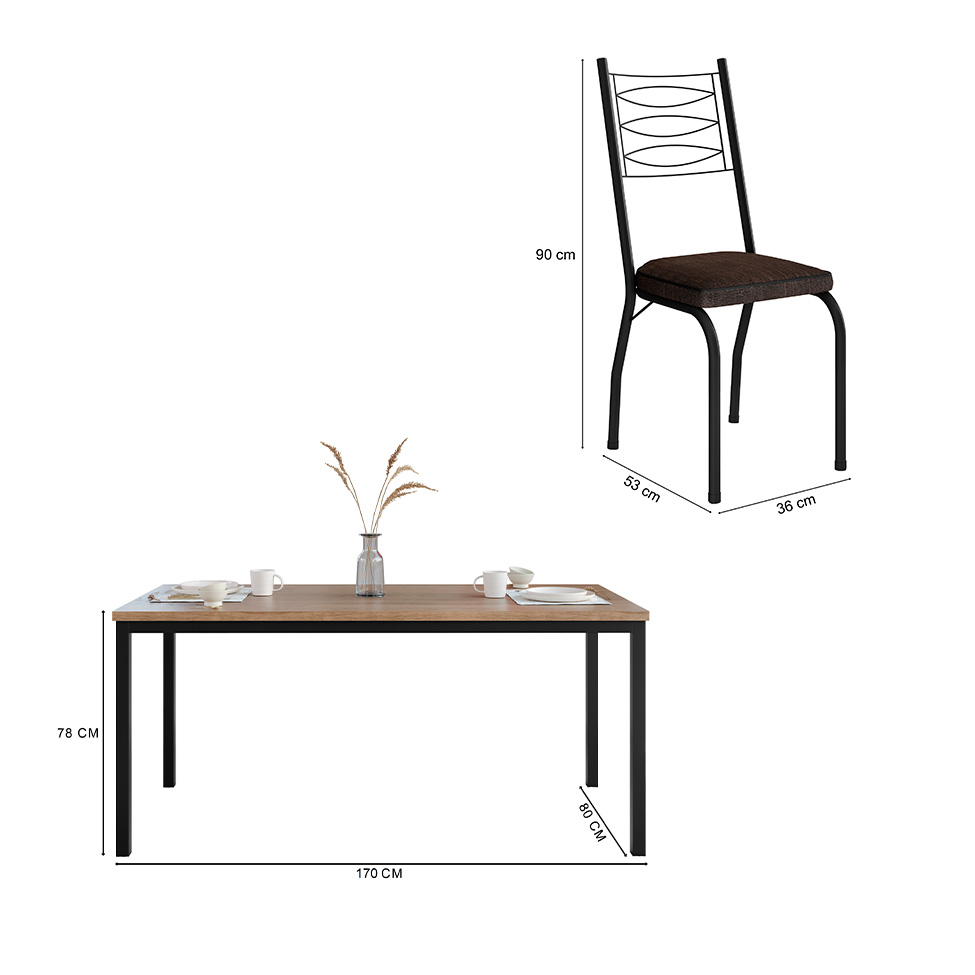 Conjunto de Mesa Retangular com Tampo de MDP Amadeirado e 6 Cadeiras Adriana I Revestimento Sintético Imbuia e Preto