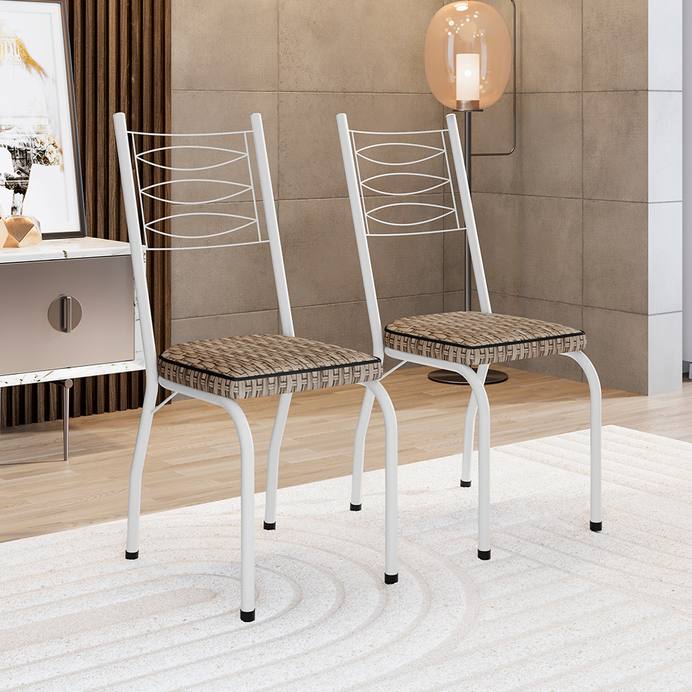 Conjunto de Mesa Retangular com Tampo de MDP Amadeirado e 6 Cadeiras Adriana I Revestimento Sintético Marrom e Branco