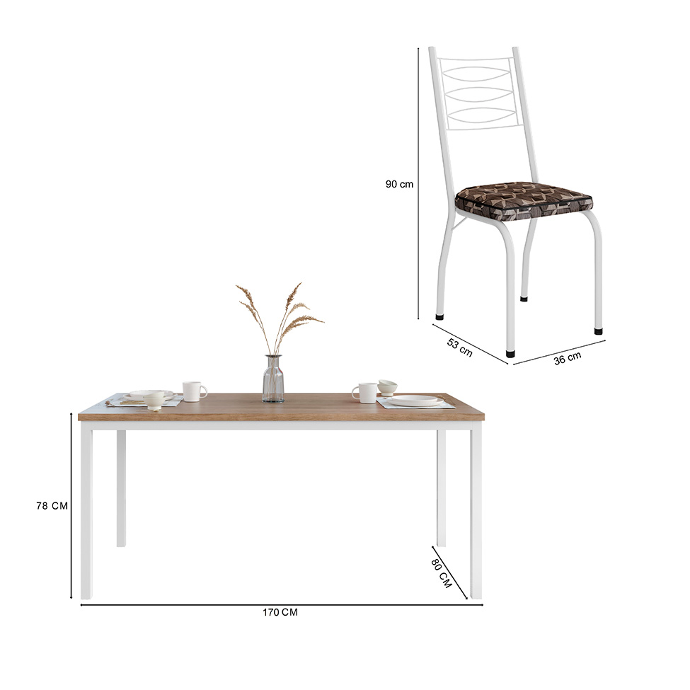 Conjunto de Mesa Retangular com Tampo de MDP Amadeirado e 6 Cadeiras Adriana I Revestimento Sintético Palha e Branco